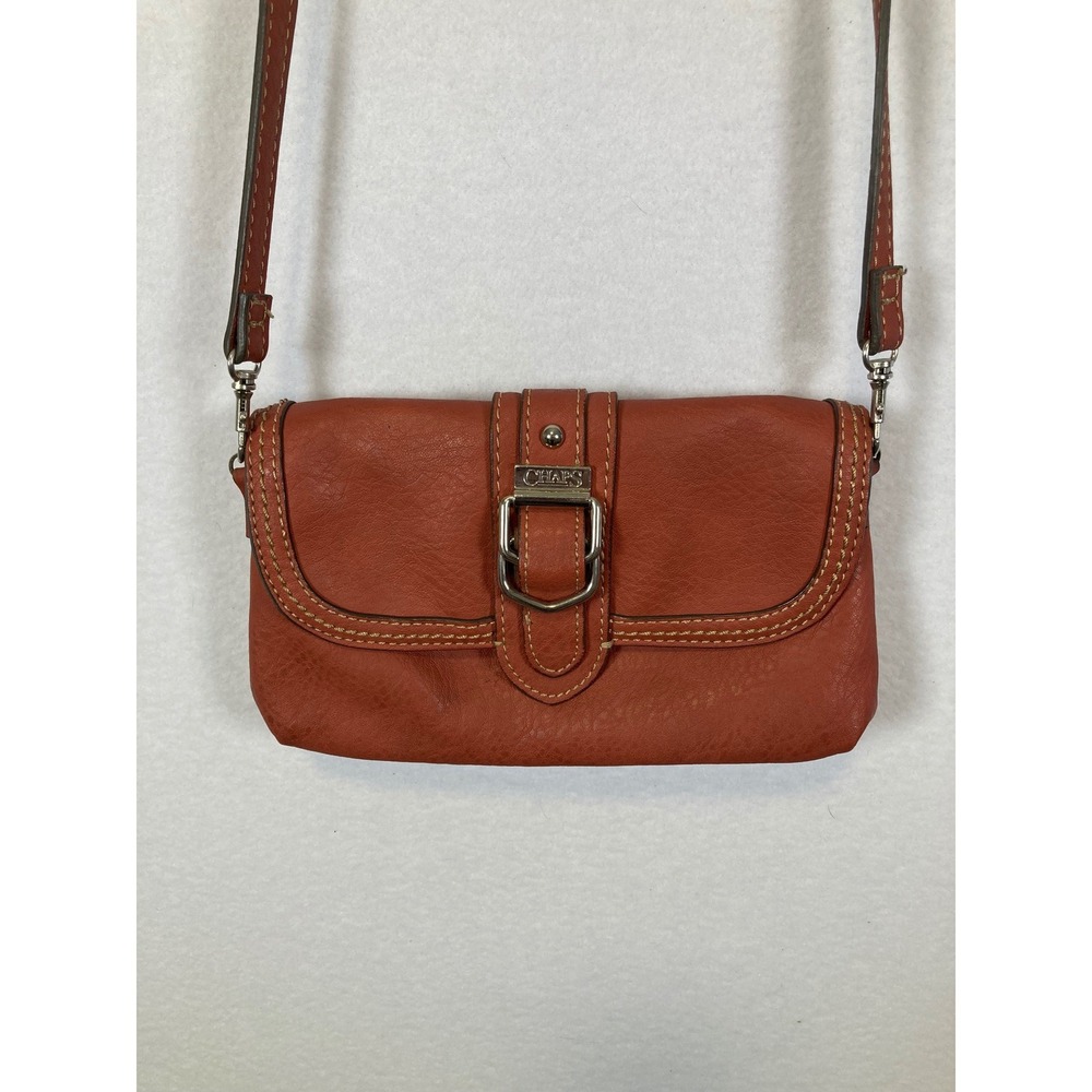 Chaps Crossbody Bag Womens Small Cognac Brown Faux Leather‎ Buckle Detail